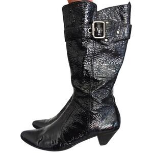 Vintage 90s Y2K Black Patent Leather Pebbled Boots Buckle Slouchy Womens 7.5